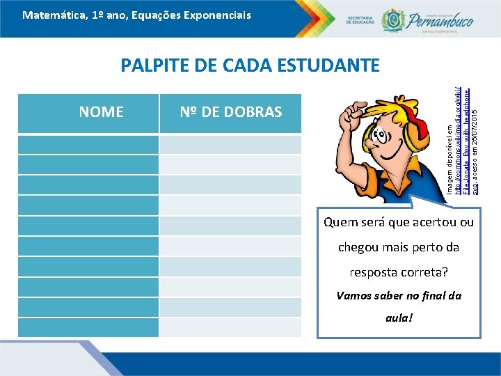 Matemática, 1º ano, Equações Exponenciais NOME Imagem disponível em http: //commons. wikimedia. org/wiki/ File: