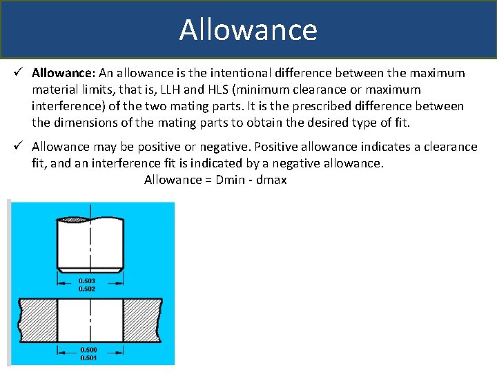 Allowance ü Allowance: An allowance is the intentional difference between the maximum material limits,