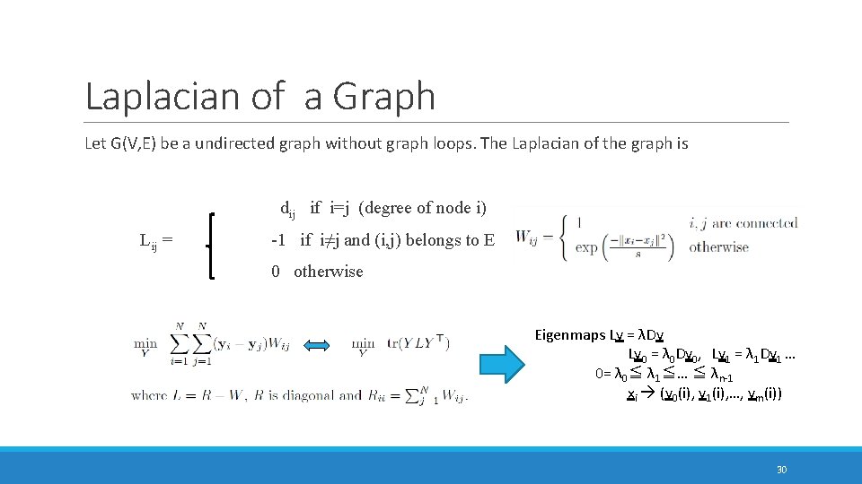 Laplacian of a Graph Let G(V, E) be a undirected graph without graph loops. Laplacian of a Graph Let G(V, E) be a undirected graph without graph loops.