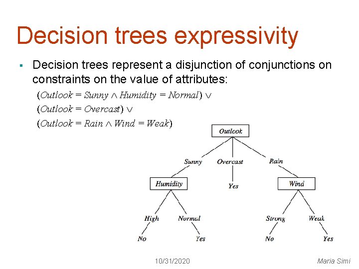 Decision trees expressivity § Decision trees represent a disjunction of conjunctions on constraints on