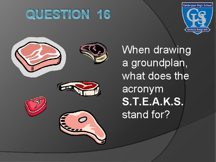 QUESTION 16 When drawing a groundplan, what does the acronym S. T. E. A.