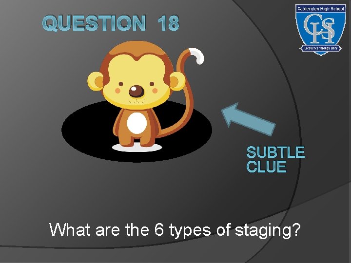 QUESTION 18 SUBTLE CLUE What are the 6 types of staging? 