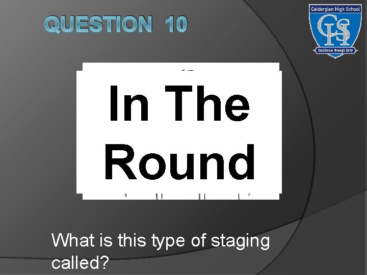 QUESTION 10 In The Round What is this type of staging called? 