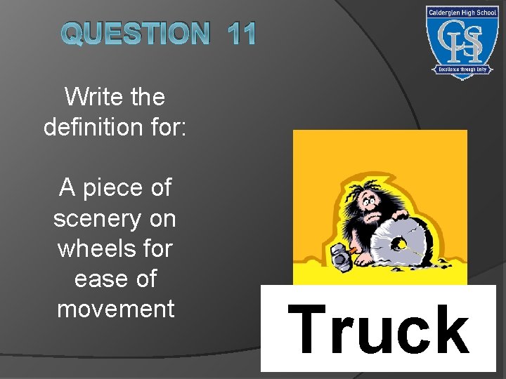 QUESTION 11 Write the definition for: A piece of scenery on wheels for ease