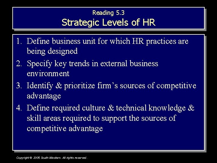 Reading 5. 3 Strategic Levels of HR 1. Define business unit for which HR Reading 5. 3 Strategic Levels of HR 1. Define business unit for which HR