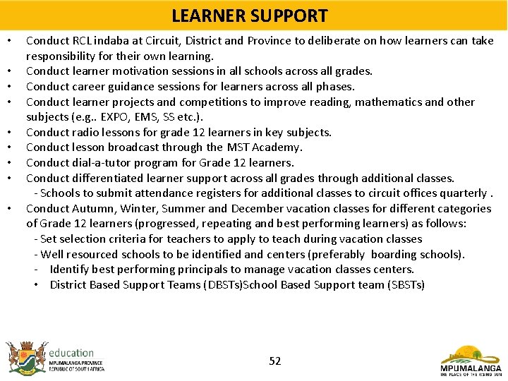 LEARNER SUPPORT • • • Conduct RCL indaba at Circuit, District and Province to