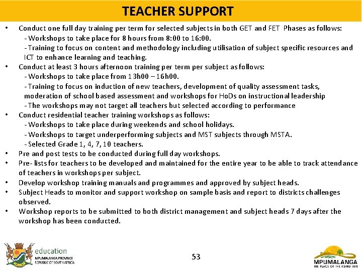 TEACHER SUPPORT • • Conduct one full day training per term for selected subjects