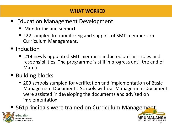 WHAT WORKED § Education Management Development § Monitoring and support § 222 sampled for