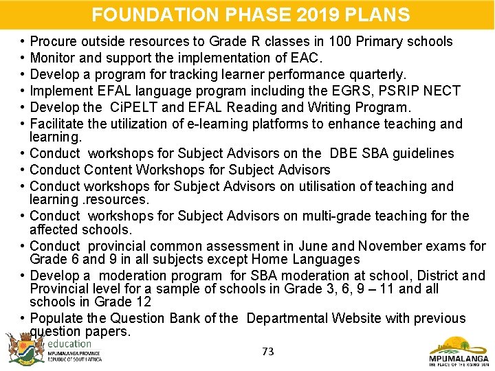  FOUNDATION PHASE 2019 PLANS • • • • Procure outside resources to Grade