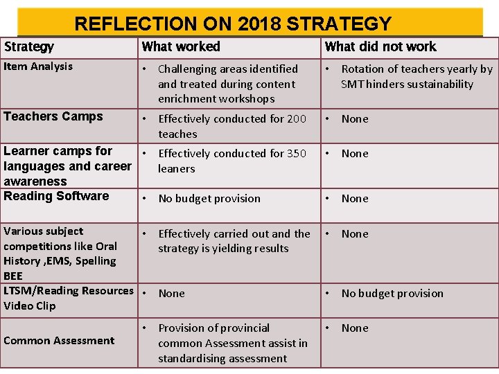  REFLECTION ON 2018 STRATEGY Strategy What worked What did not work Item Analysis