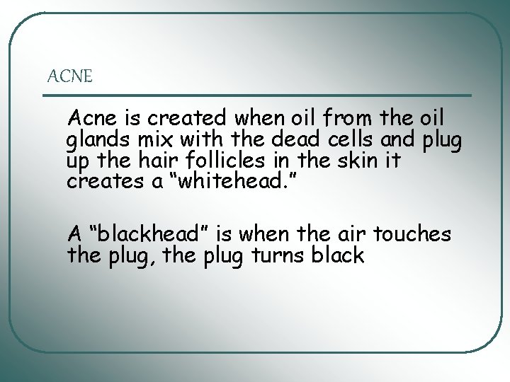 ACNE Acne is created when oil from the oil glands mix with the dead ACNE Acne is created when oil from the oil glands mix with the dead