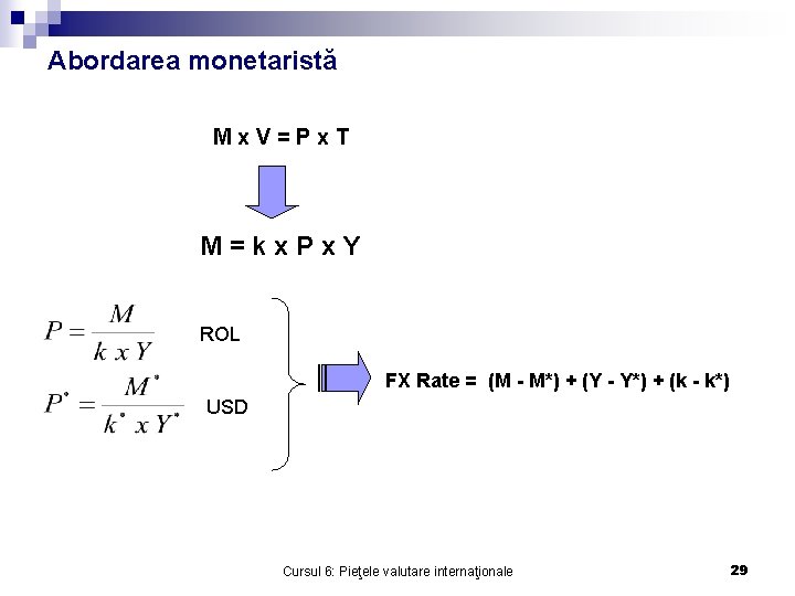 Abordarea monetaristă Mx. V=Px. T M=kx. Px. Y ROL FX Rate = (M -