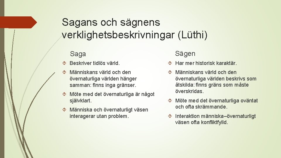 Sagans och sägnens verklighetsbeskrivningar (Lüthi) Saga Sägen Beskriver tidlös värld. Har mer historisk karaktär.