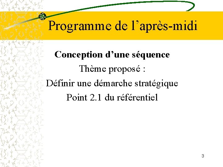 Programme de l’après-midi Conception d’une séquence Thème proposé : Définir une démarche stratégique Point Programme de l’après-midi Conception d’une séquence Thème proposé : Définir une démarche stratégique Point