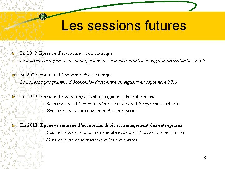 Les sessions futures En 2008: Épreuve d’économie- droit classique Le nouveau programme de management Les sessions futures En 2008: Épreuve d’économie- droit classique Le nouveau programme de management