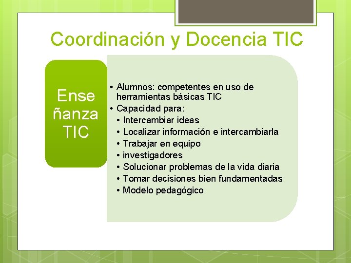 Coordinación y Docencia TIC Ense ñanza TIC • Alumnos: competentes en uso de herramientas