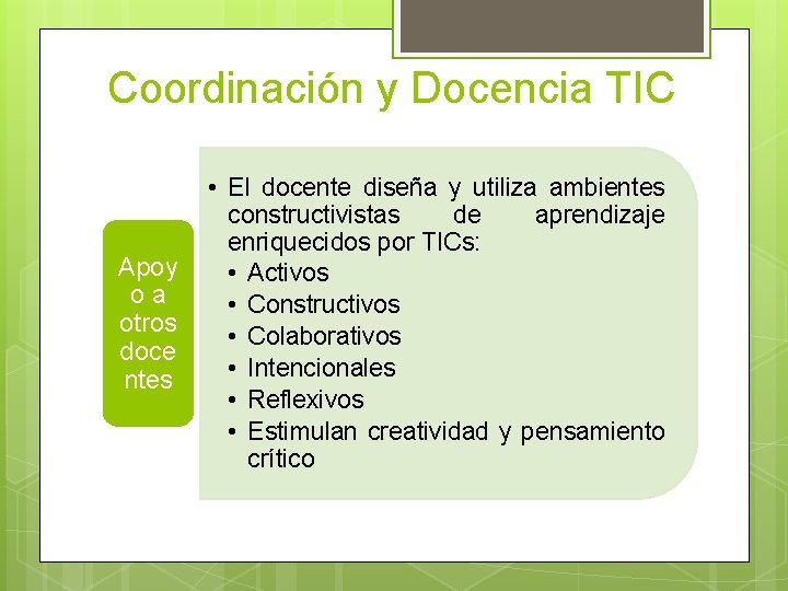 Coordinación y Docencia TIC Apoy oa otros doce ntes • El docente diseña y