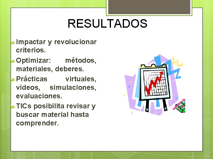 RESULTADOS Impactar y revolucionar criterios. Optimizar: métodos, materiales, deberes. Prácticas virtuales, videos, simulaciones, evaluaciones.