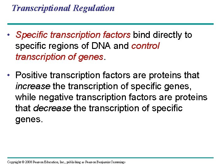 Transcriptional Regulation • Specific transcription factors bind directly to specific regions of DNA and