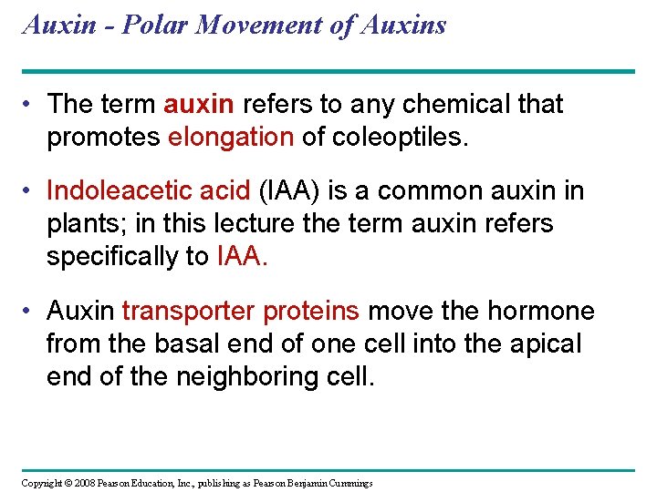 Auxin - Polar Movement of Auxins • The term auxin refers to any chemical