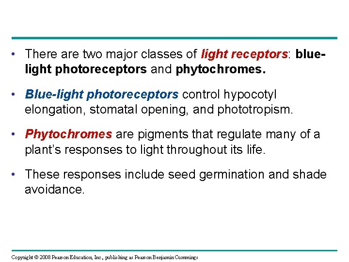  • There are two major classes of light receptors: bluelight photoreceptors and phytochromes.