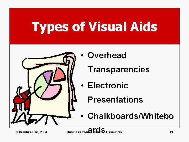 Types of Visual Aids • Overhead Transparencies • Electronic Presentations • Chalkboards/Whitebo © Prentice