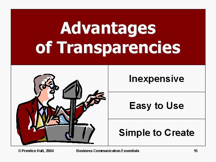 Advantages of Transparencies Inexpensive Easy to Use Simple to Create © Prentice Hall, 2004