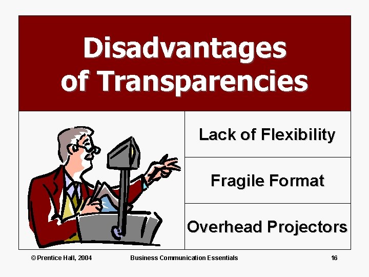 Disadvantages of Transparencies Lack of Flexibility Fragile Format Overhead Projectors © Prentice Hall, 2004