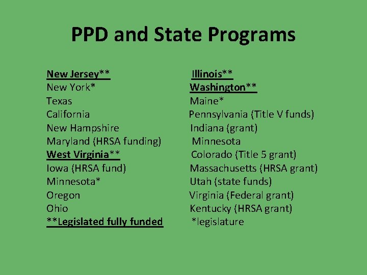 PPD and State Programs New Jersey** Illinois** New York* Washington** Texas Maine* California Pennsylvania