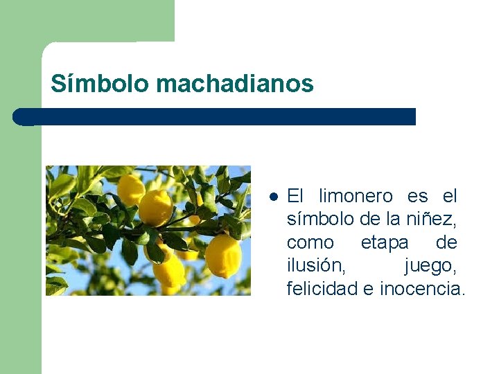 Símbolo machadianos El limonero es el símbolo de la niñez, como etapa de ilusión,