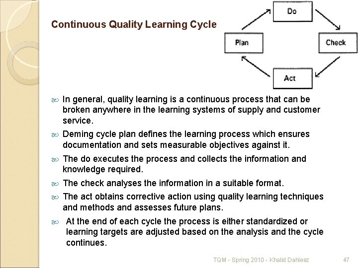 Continuous Quality Learning Cycle In general, quality learning is a continuous process that can