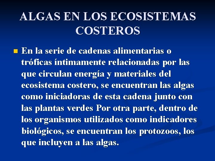 ALGAS EN LOS ECOSISTEMAS COSTEROS n En la serie de cadenas alimentarias o tróficas