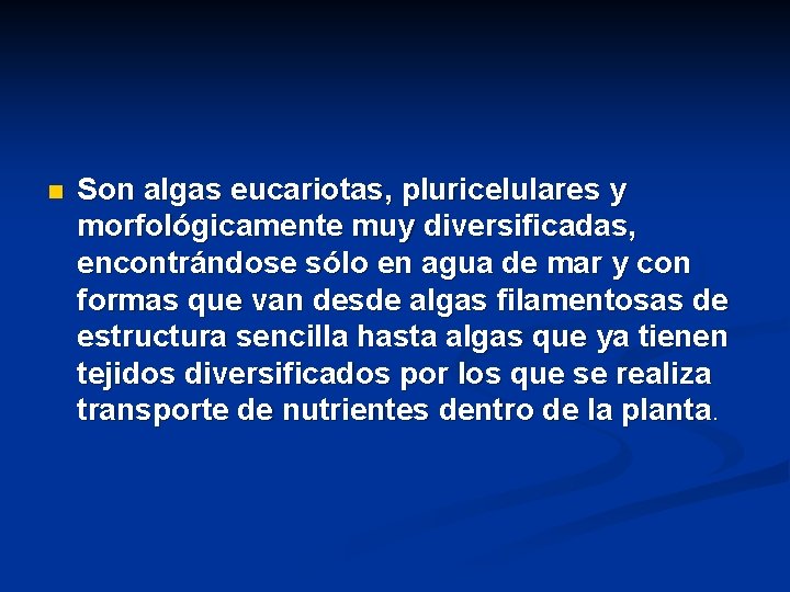 n Son algas eucariotas, pluricelulares y morfológicamente muy diversificadas, encontrándose sólo en agua de