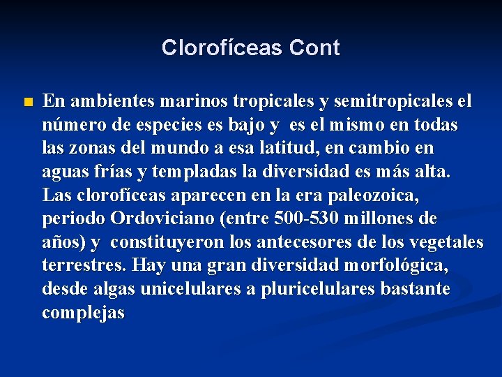 Clorofíceas Cont n En ambientes marinos tropicales y semitropicales el número de especies es