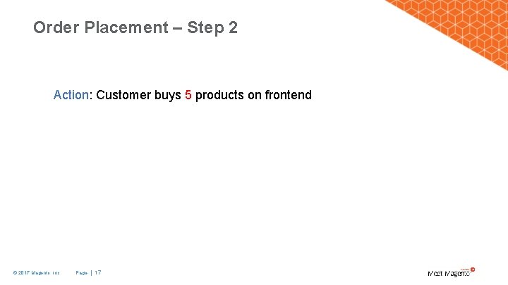 Order Placement – Step 2 Action: Customer buys 5 products on frontend © 2017