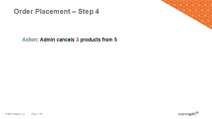 Order Placement – Step 4 Action: Admin cancels 3 products from 5 © 2017