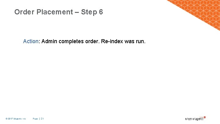 Order Placement – Step 6 Action: Admin completes order. Re-index was run. © 2017