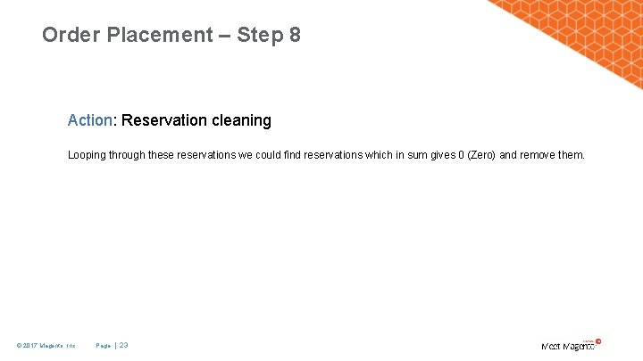 Order Placement – Step 8 Action: Reservation cleaning Looping through these reservations we could