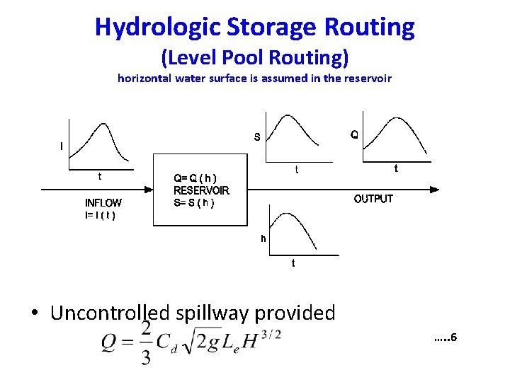 Hydrologic Storage Routing (Level Pool Routing) horizontal water surface is assumed in the reservoir