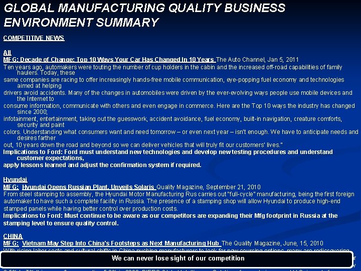 GLOBAL MANUFACTURING QUALITY BUSINESS ENVIRONMENT SUMMARY COMPETITIVE NEWS All MFG: Decade of Change: Top