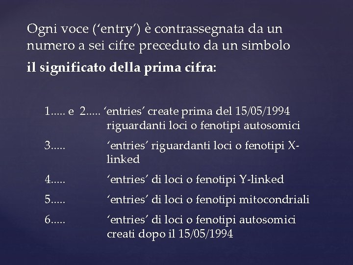 Ogni voce (‘entry’) è contrassegnata da un numero a sei cifre preceduto da un