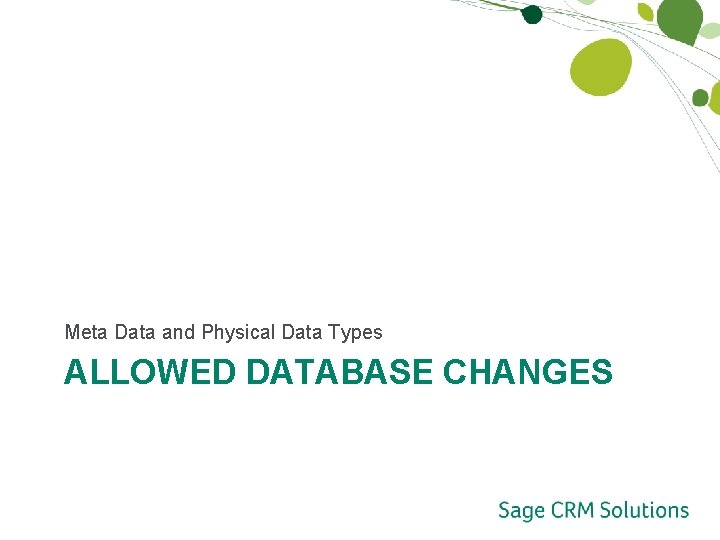 Meta Data and Physical Data Types ALLOWED DATABASE CHANGES 