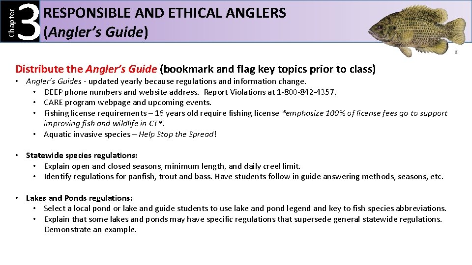 Chapter 3 RESPONSIBLE AND ETHICAL ANGLERS (Angler’s Guide) Distribute the Angler’s Guide (bookmark and