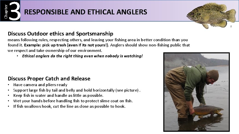 Chapter 3 RESPONSIBLE AND ETHICAL ANGLERS Discuss Outdoor ethics and Sportsmanship means following rules,