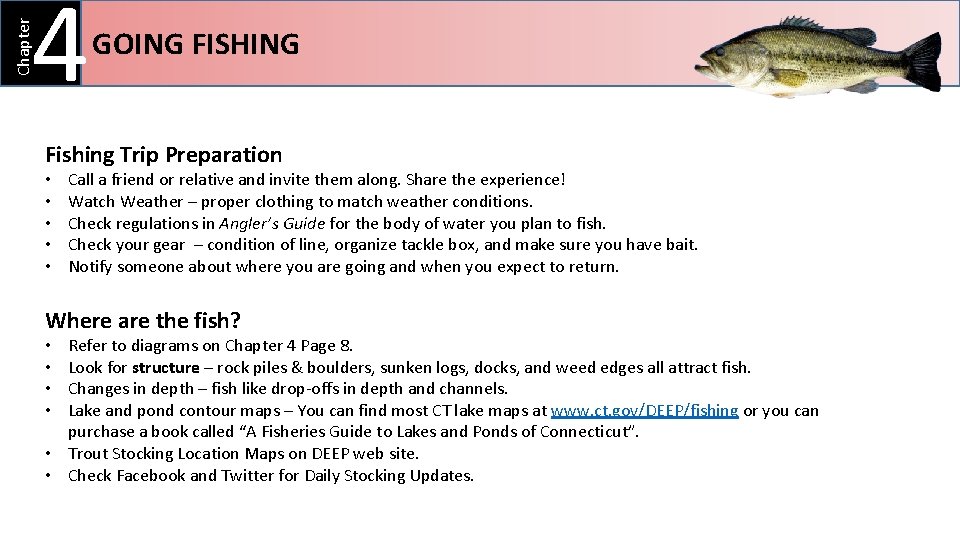 Chapter 4 GOING FISHING Fishing Trip Preparation • • • Call a friend or