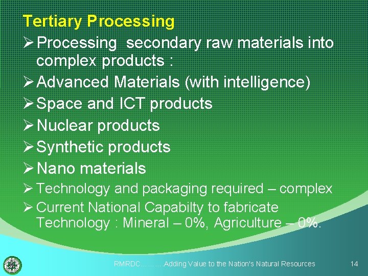 Tertiary Processing Ø Processing secondary raw materials into complex products : Ø Advanced Materials