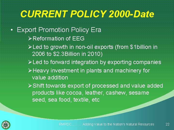 CURRENT POLICY 2000 -Date • Export Promotion Policy Era ØReformation of EEG ØLed to