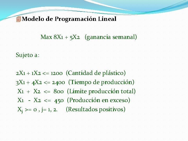 4 Modelo de Programación Lineal Max 8 X 1 + 5 X 2 (ganancia