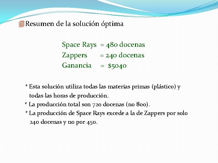 4 Resumen de la solución óptima Space Rays = 480 docenas Zappers = 240