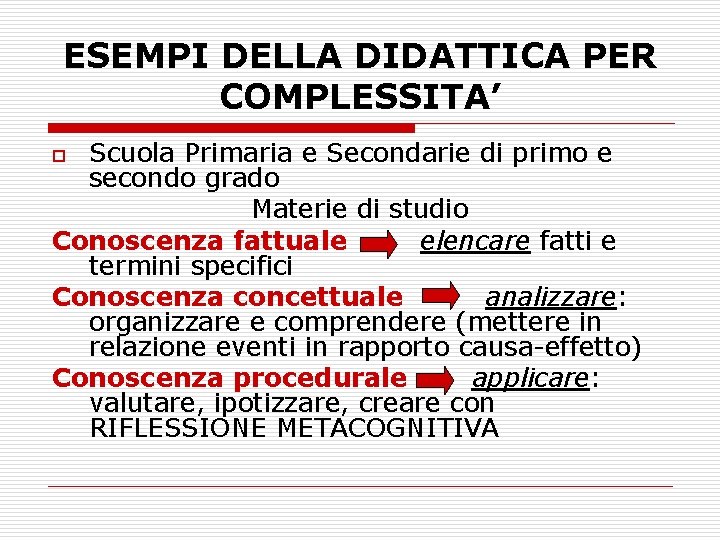 ESEMPI DELLA DIDATTICA PER COMPLESSITA’ Scuola Primaria e Secondarie di primo e secondo grado